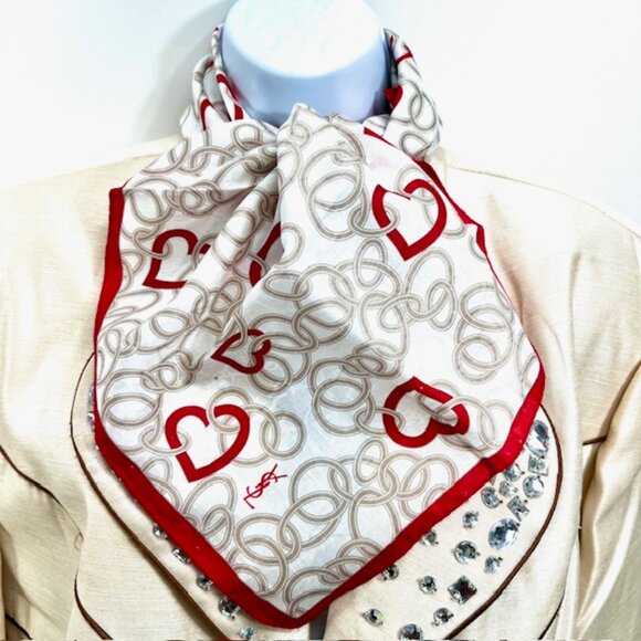 Vgt  Yves Saint Laurent Mini Scarf/Handkerchief Cotton, 22" Beige Ivery Red(14 - Picture 6 of 6